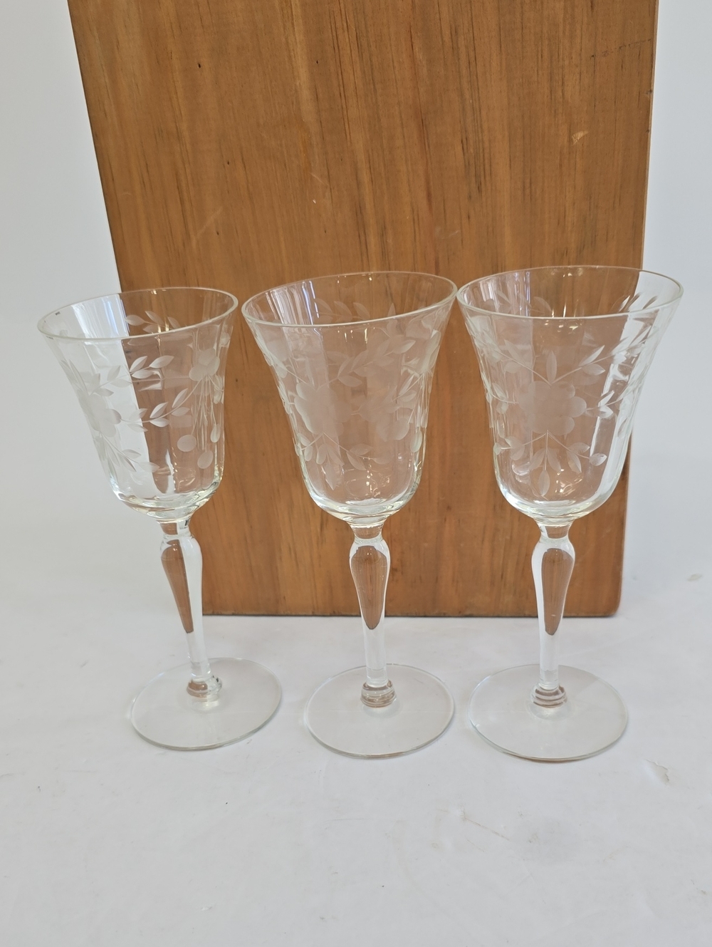 Vintage Etched Floral Set Of 3 Stemware Juice Goblets Clear Glass